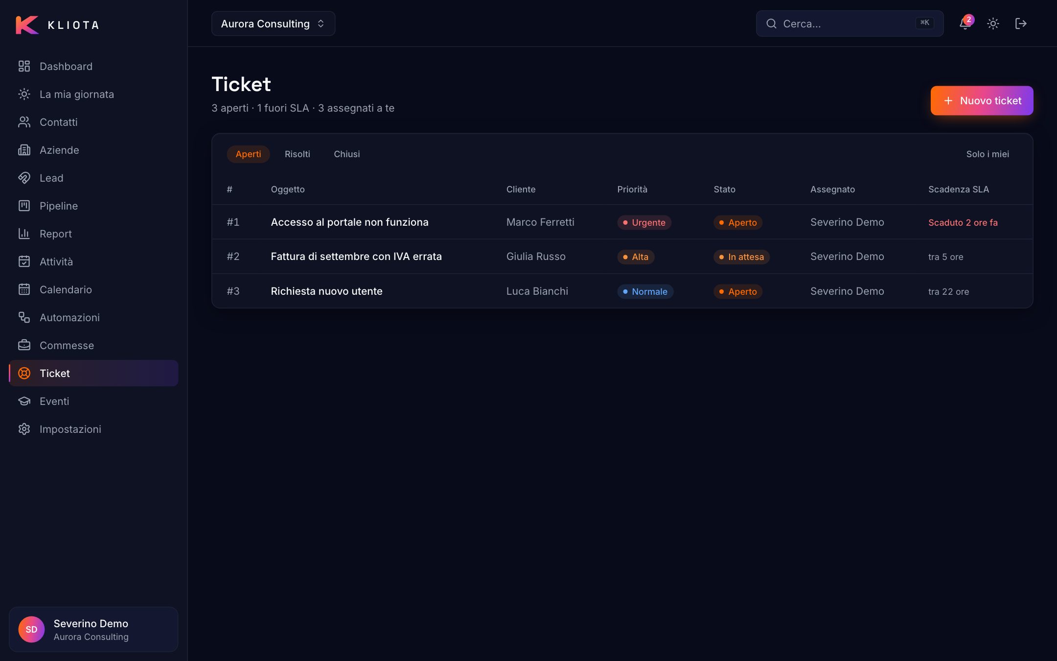 Modulo assistenza: ticket con priorità e scadenza del tempo di risposta