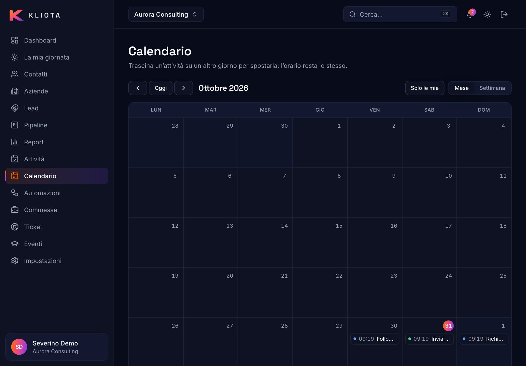 Kliota su tablet: il calendario delle attività del mese
